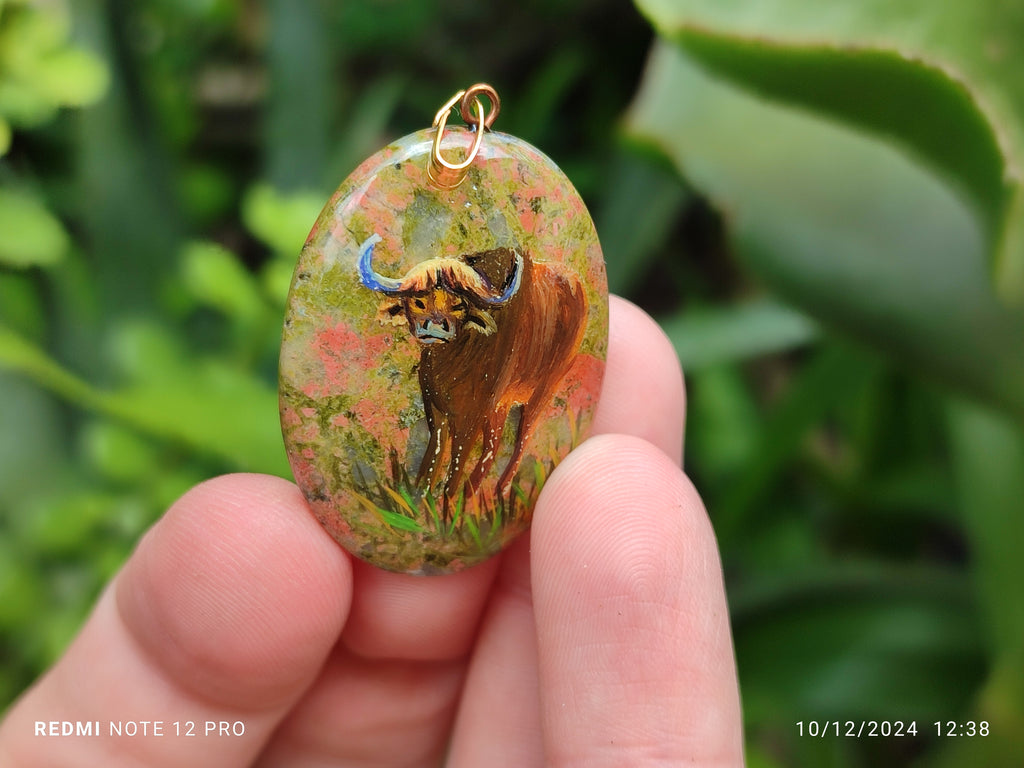 Polished Unakite Pendant with Hand Painted Buffalo - Sold Per Item - From South Africa - Toprock Gemstones and Minerals 