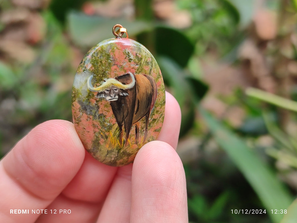 Polished Unakite Pendant with Hand Painted Buffalo - Sold Per Item - From South Africa - Toprock Gemstones and Minerals 