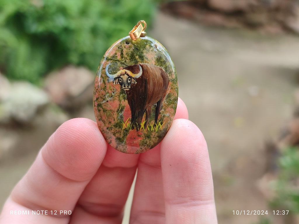 Polished Unakite Pendant with Hand Painted Buffalo - Sold Per Item - From South Africa - Toprock Gemstones and Minerals 