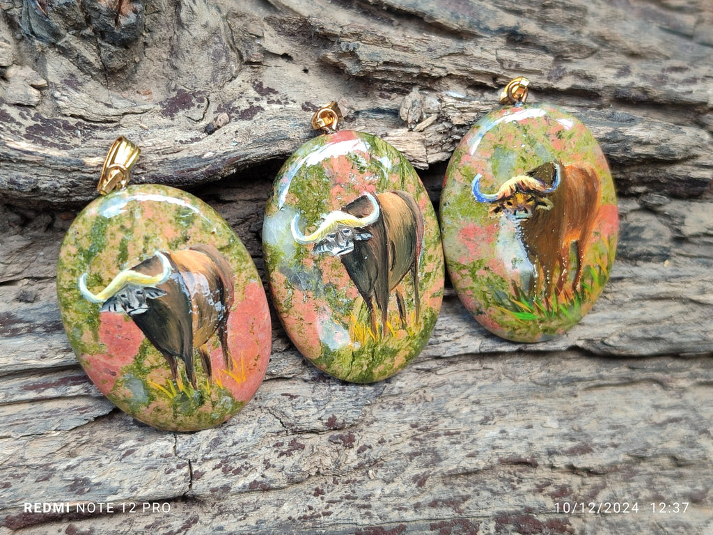 Polished Unakite Pendant with Hand Painted Buffalo - Sold Per Item - From South Africa - Toprock Gemstones and Minerals 
