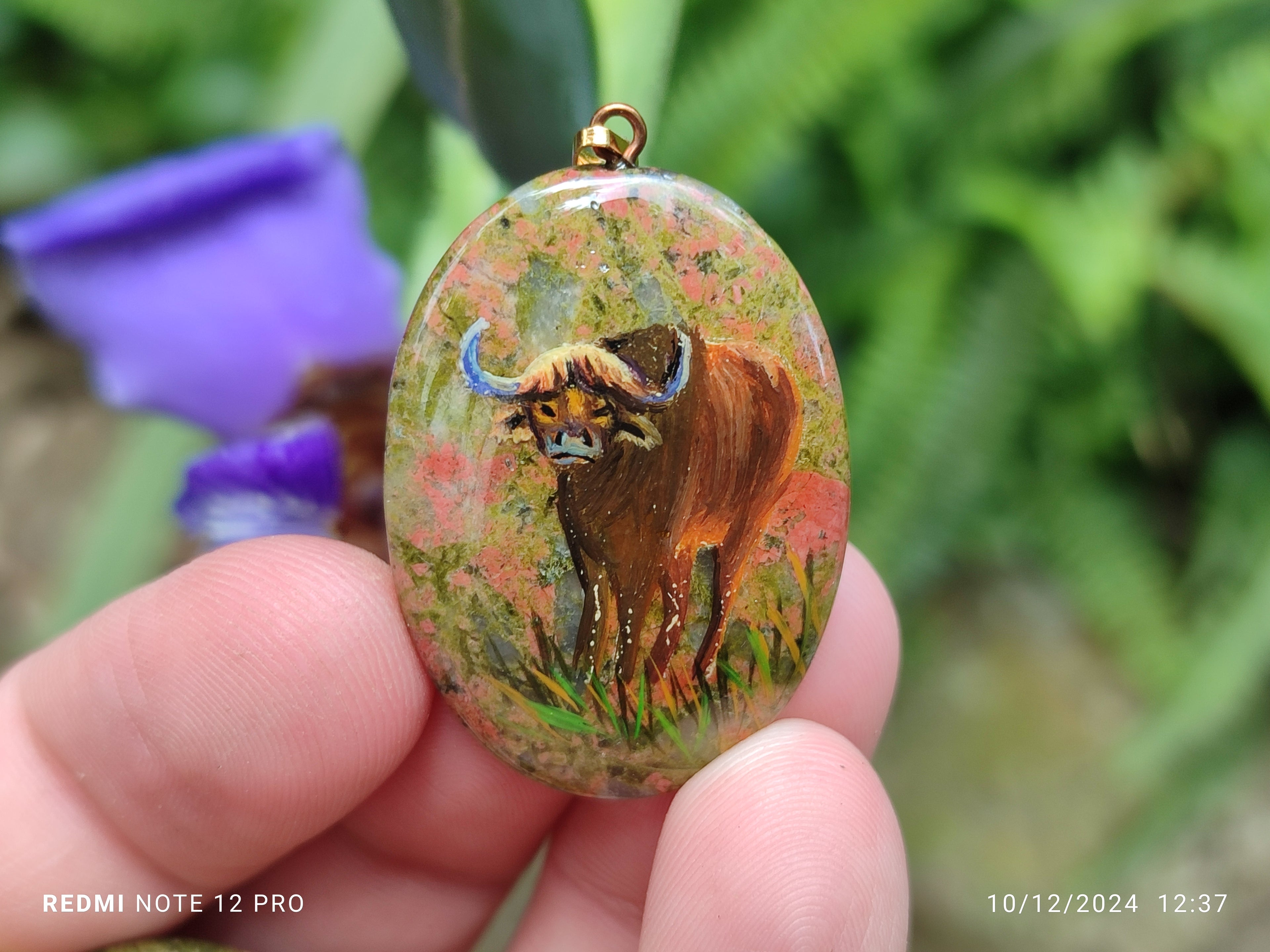 Polished Unakite Pendant with Hand Painted Buffalo - Sold Per Item - From South Africa - Toprock Gemstones and Minerals 