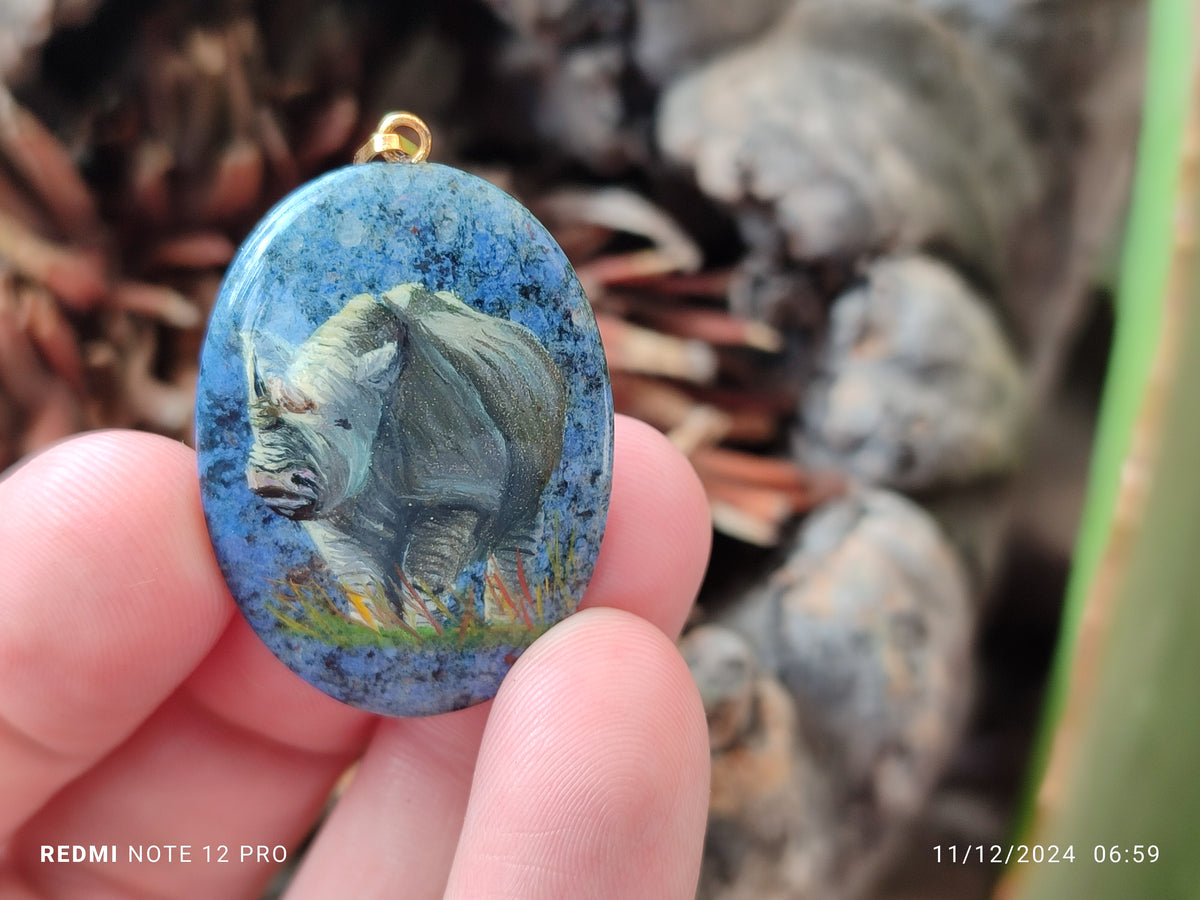 Polished Dumortierite Pendants with Hand Painted Rhino - sold per item - From Mozambique - Toprock Gemstones and Minerals 