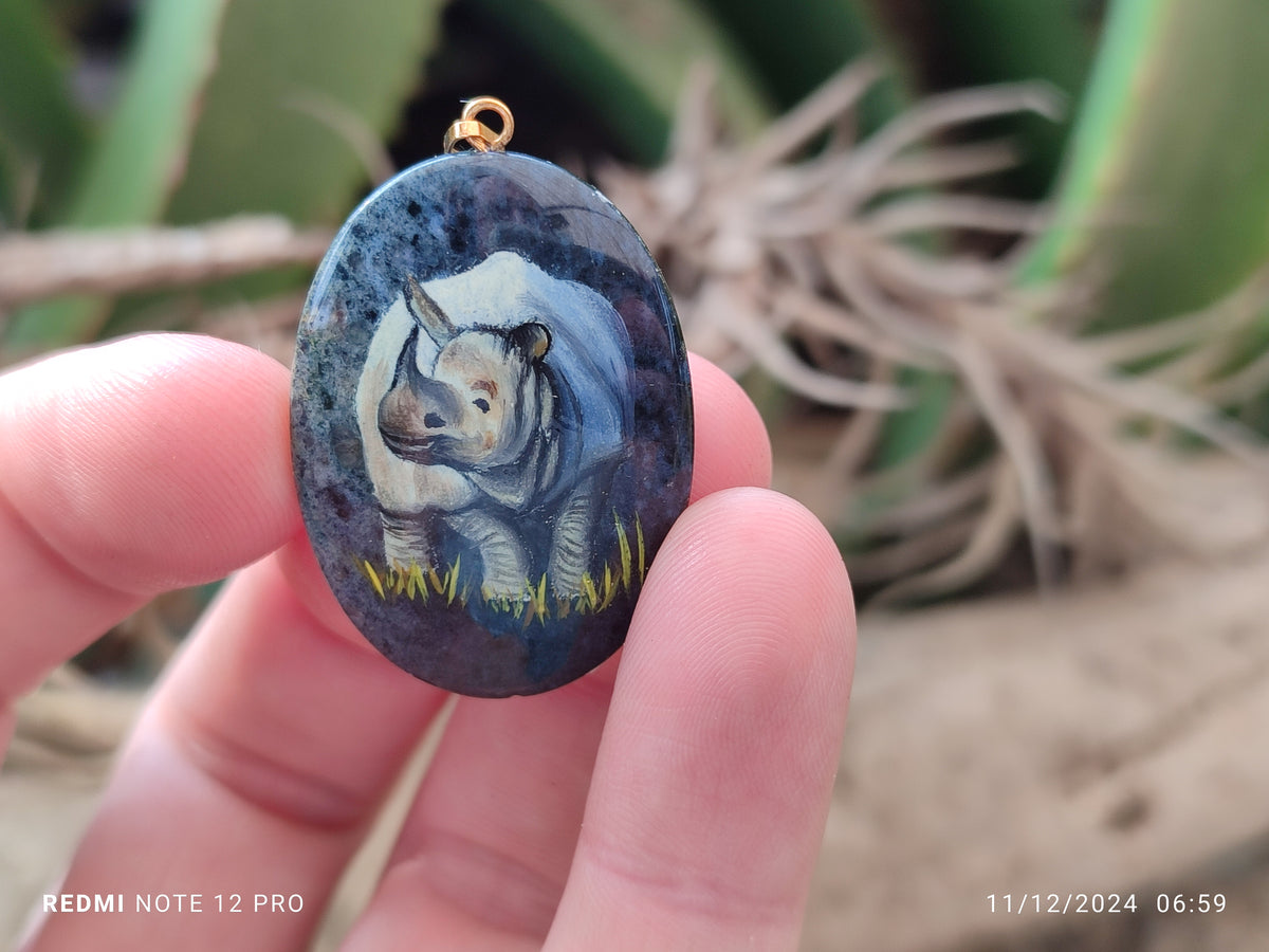 Polished Dumortierite Pendants with Hand Painted Rhino - sold per item - From Mozambique - Toprock Gemstones and Minerals 