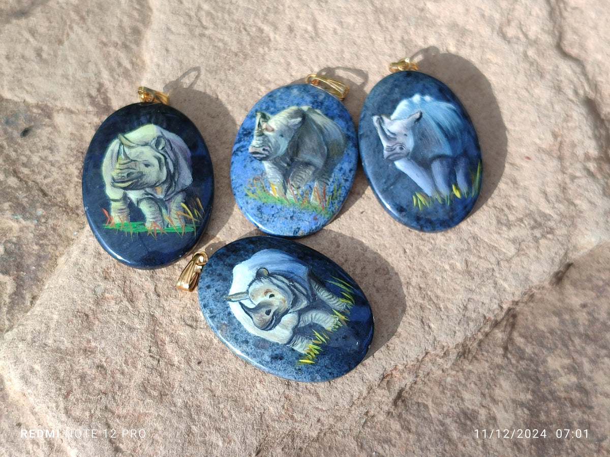 Polished Dumortierite Pendants with Hand Painted Rhino - sold per item - From Mozambique - Toprock Gemstones and Minerals 
