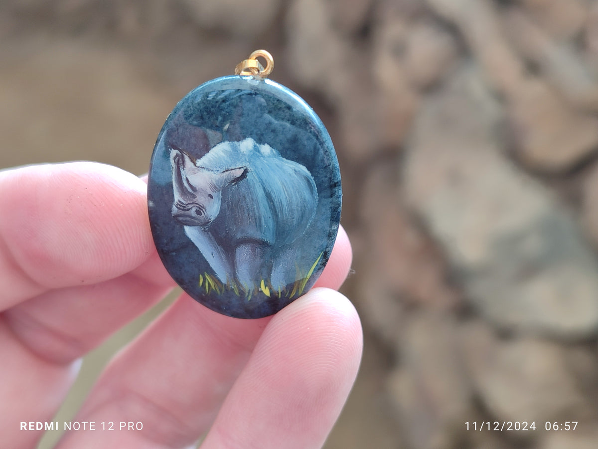Polished Dumortierite Pendants with Hand Painted Rhino - sold per item - From Mozambique - Toprock Gemstones and Minerals 