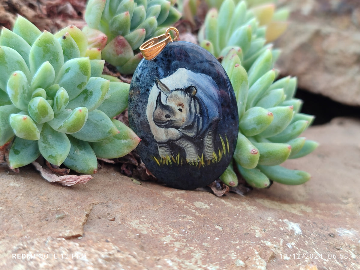 Polished Dumortierite Pendants with Hand Painted Rhino - sold per item - From Mozambique - Toprock Gemstones and Minerals 