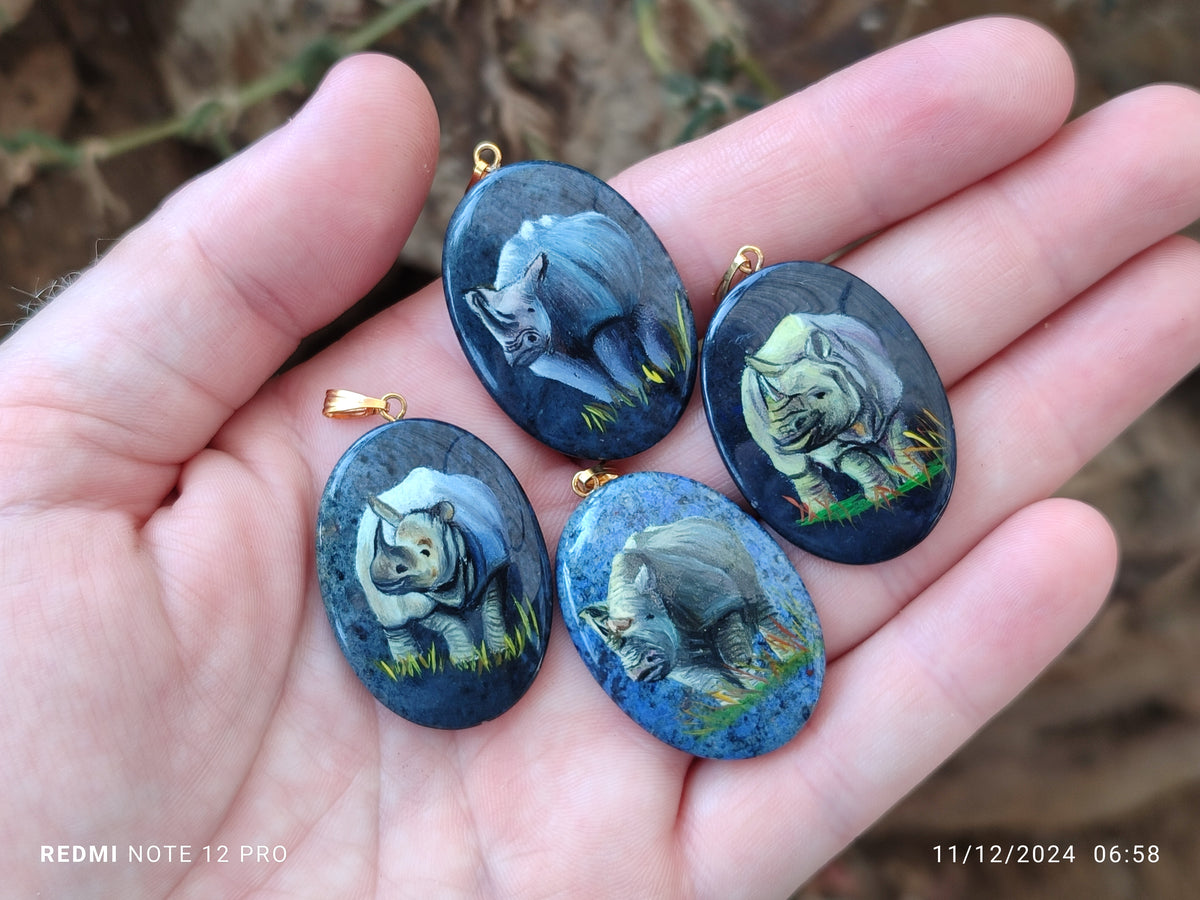 Polished Dumortierite Pendants with Hand Painted Rhino - sold per item - From Mozambique - Toprock Gemstones and Minerals 