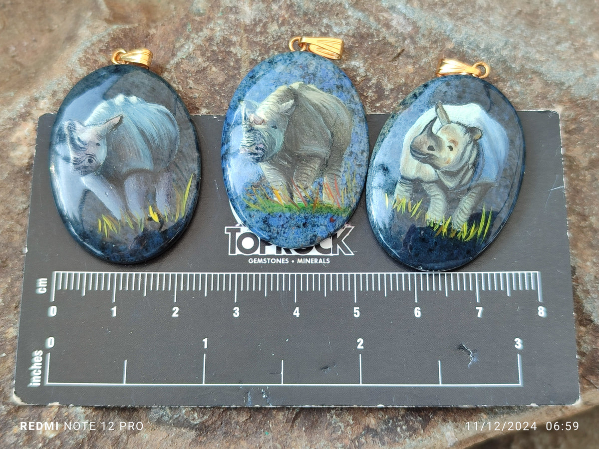 Polished Dumortierite Pendants with Hand Painted Rhino - sold per item - From Mozambique - Toprock Gemstones and Minerals 
