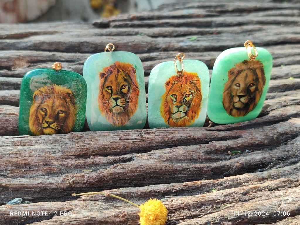 Polished Aventurine Pendant with Hand Painted Lion - Sold Per Item - From Zimbabwe - Toprock Gemstones and Minerals 