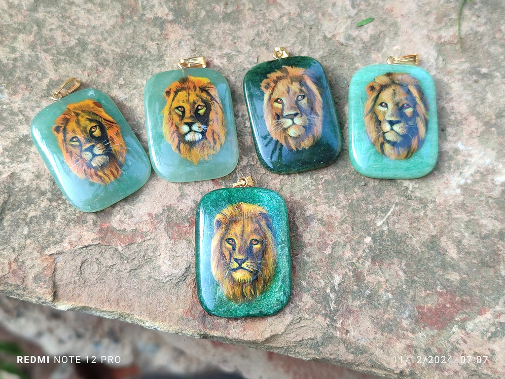 Polished Aventurine Pendant with Hand Painted Lion - Sold Per Item - From Zimbabwe - Toprock Gemstones and Minerals 