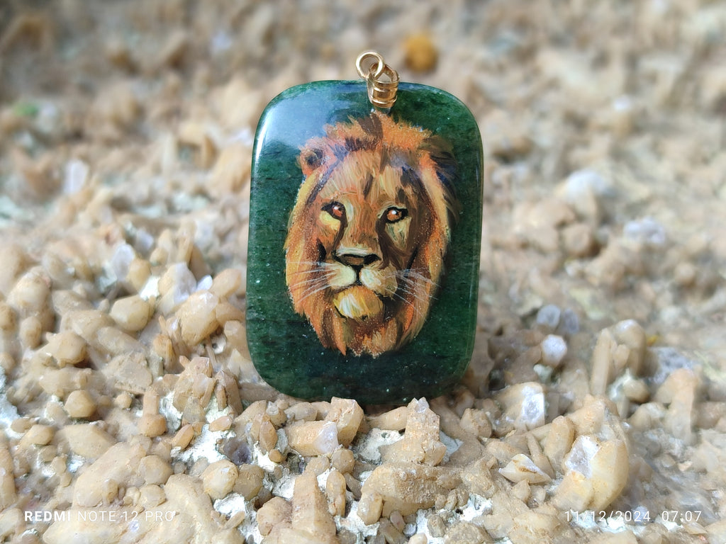 Polished Aventurine Pendant with Hand Painted Lion - Sold Per Item - From Zimbabwe - Toprock Gemstones and Minerals 