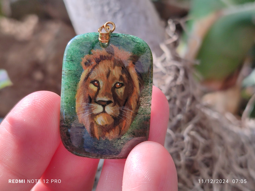 Polished Aventurine Pendant with Hand Painted Lion - Sold Per Item - From Zimbabwe - Toprock Gemstones and Minerals 