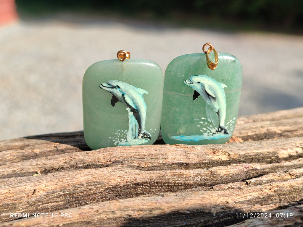 Polished Aventurine Pendant with Hand Painted Dolphin - Sold Per Item - From Zimbabwe - Toprock Gemstones and Minerals 