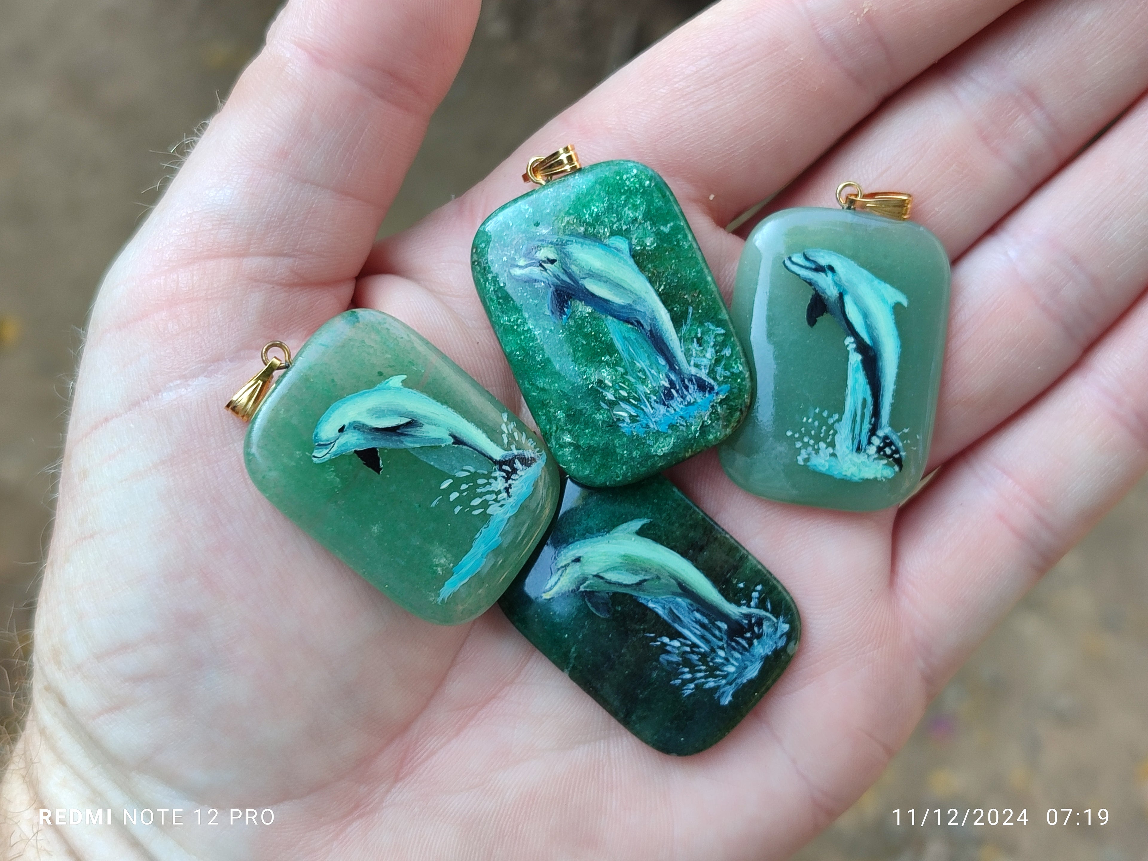Polished Aventurine Pendant with Hand Painted Dolphin - Sold Per Item - From Zimbabwe - Toprock Gemstones and Minerals 