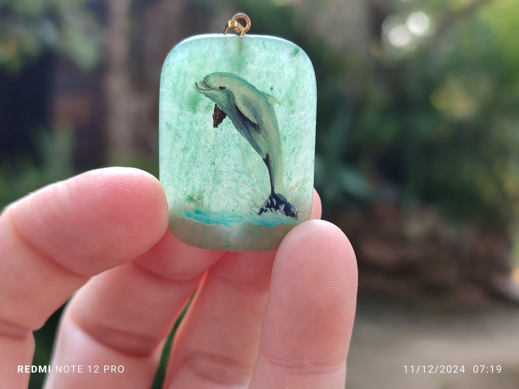 Polished Aventurine Pendant with Hand Painted Dolphin - Sold Per Item - From Zimbabwe - Toprock Gemstones and Minerals 