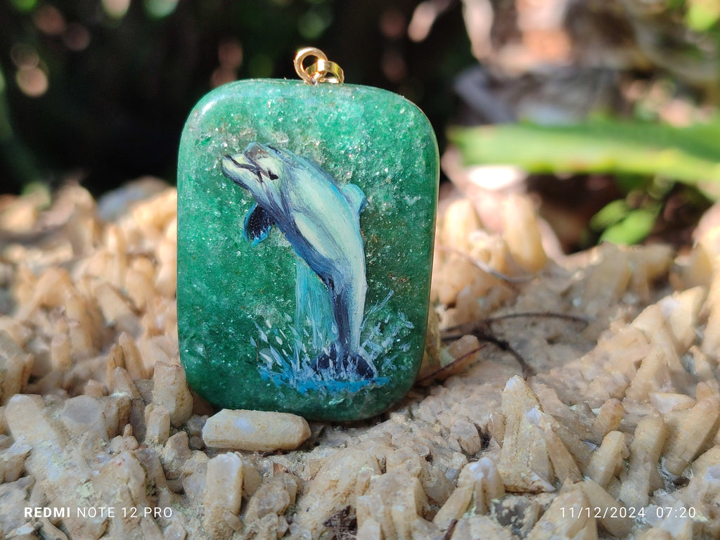 Polished Aventurine Pendant with Hand Painted Dolphin - Sold Per Item - From Zimbabwe - Toprock Gemstones and Minerals 