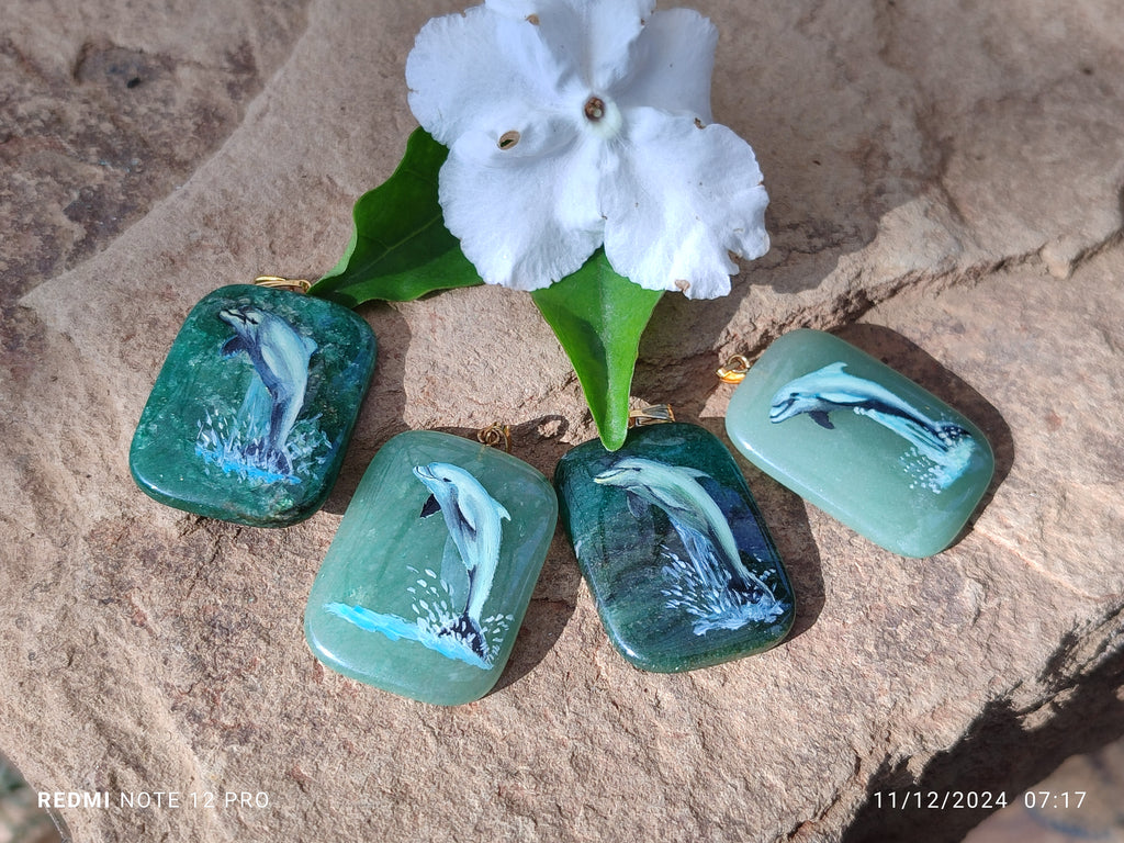 Polished Aventurine Pendant with Hand Painted Dolphin - Sold Per Item - From Zimbabwe - Toprock Gemstones and Minerals 
