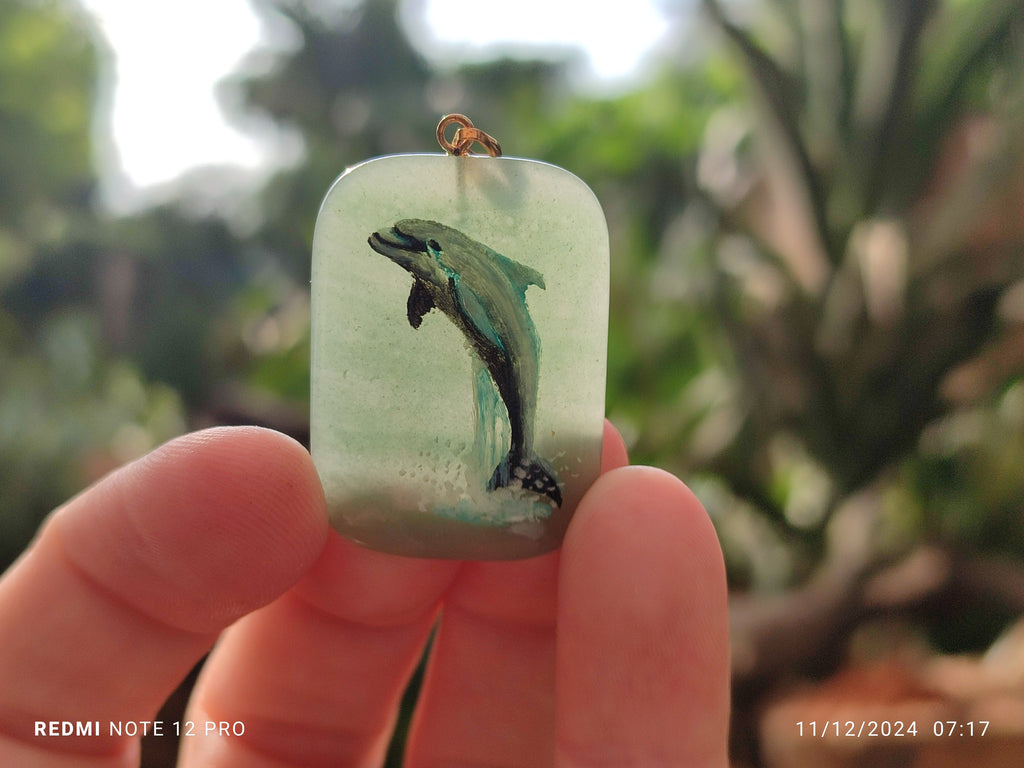 Polished Aventurine Pendant with Hand Painted Dolphin - Sold Per Item - From Zimbabwe - Toprock Gemstones and Minerals 