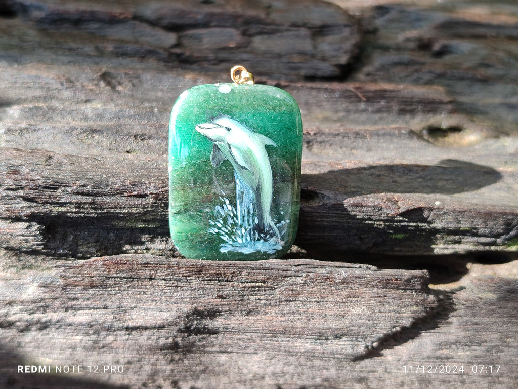 Polished Aventurine Pendant with Hand Painted Dolphin - Sold Per Item - From Zimbabwe - Toprock Gemstones and Minerals 