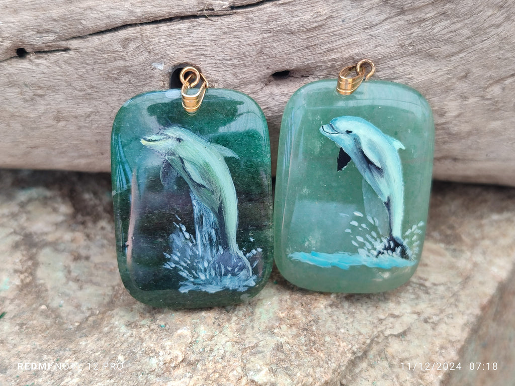 Polished Aventurine Pendant with Hand Painted Dolphin - Sold Per Item - From Zimbabwe - Toprock Gemstones and Minerals 