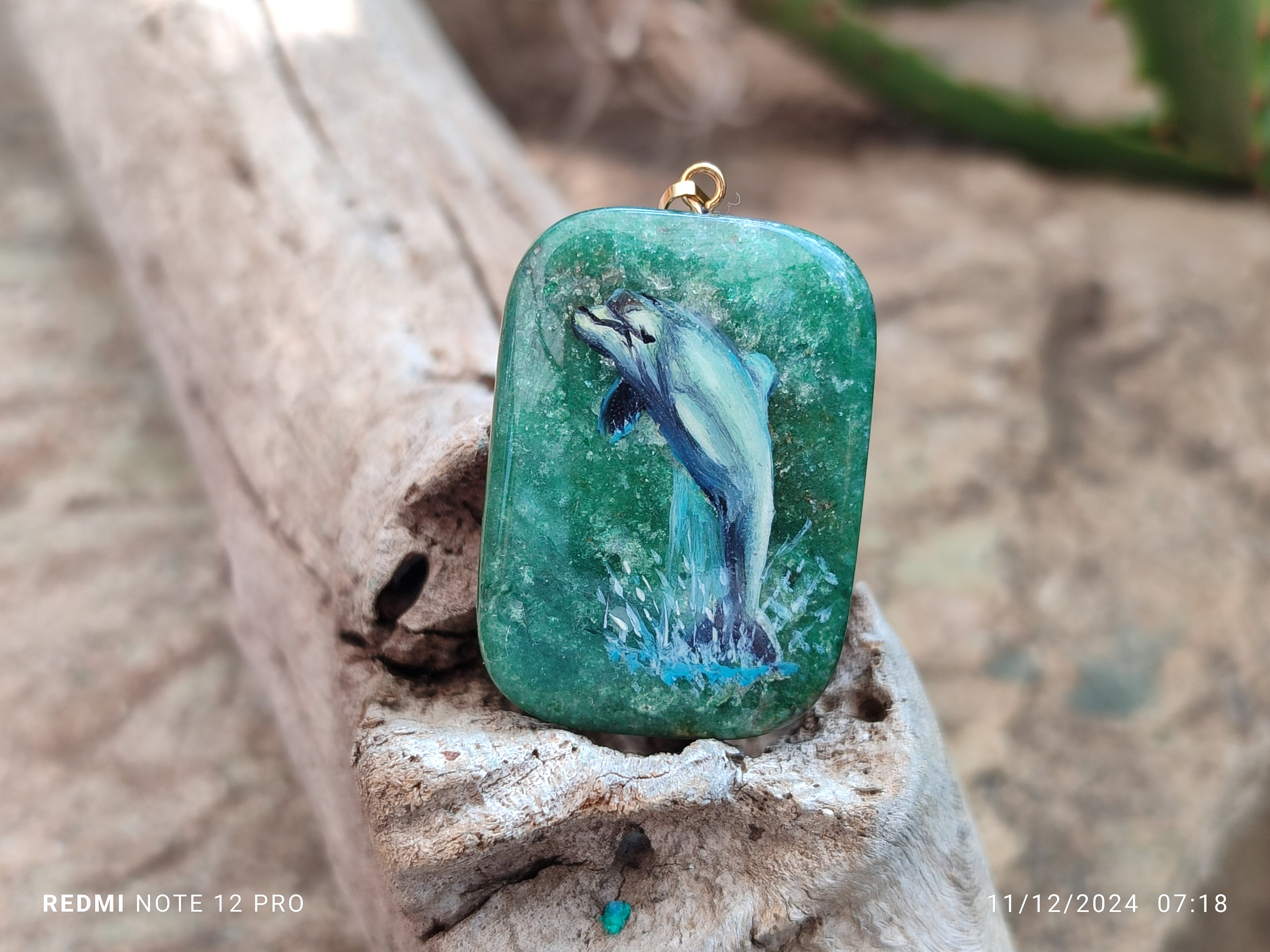 Polished Aventurine Pendant with Hand Painted Dolphin - Sold Per Item - From Zimbabwe - Toprock Gemstones and Minerals 