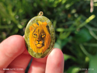Polished Unakite Pendant with Hand Painted Lion - Sold Per Item - From South Africa