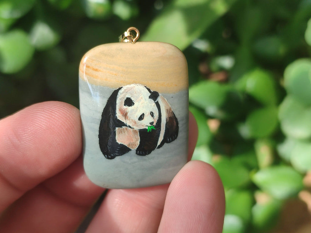 Polished Polychrome Jasper Pendant with Hand Painted Panda - sold per item - From Madagascar - Toprock Gemstones and Minerals 