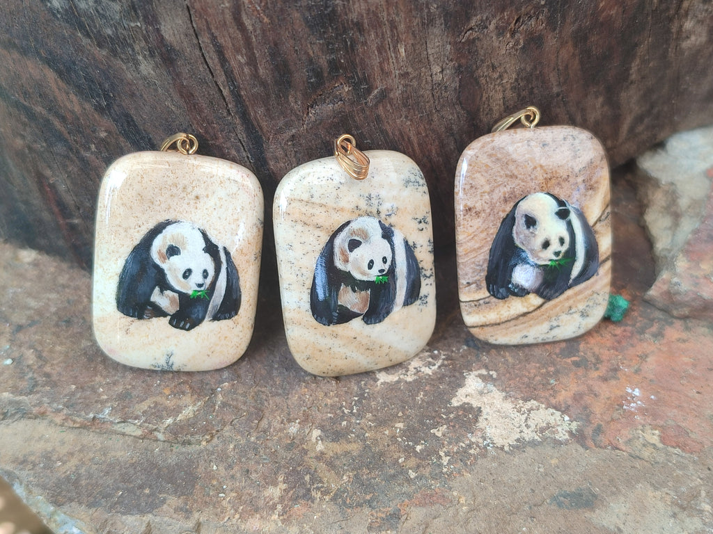 Polished Polychrome Jasper Pendant with Hand Painted Panda - sold per item - From Madagascar - Toprock Gemstones and Minerals 