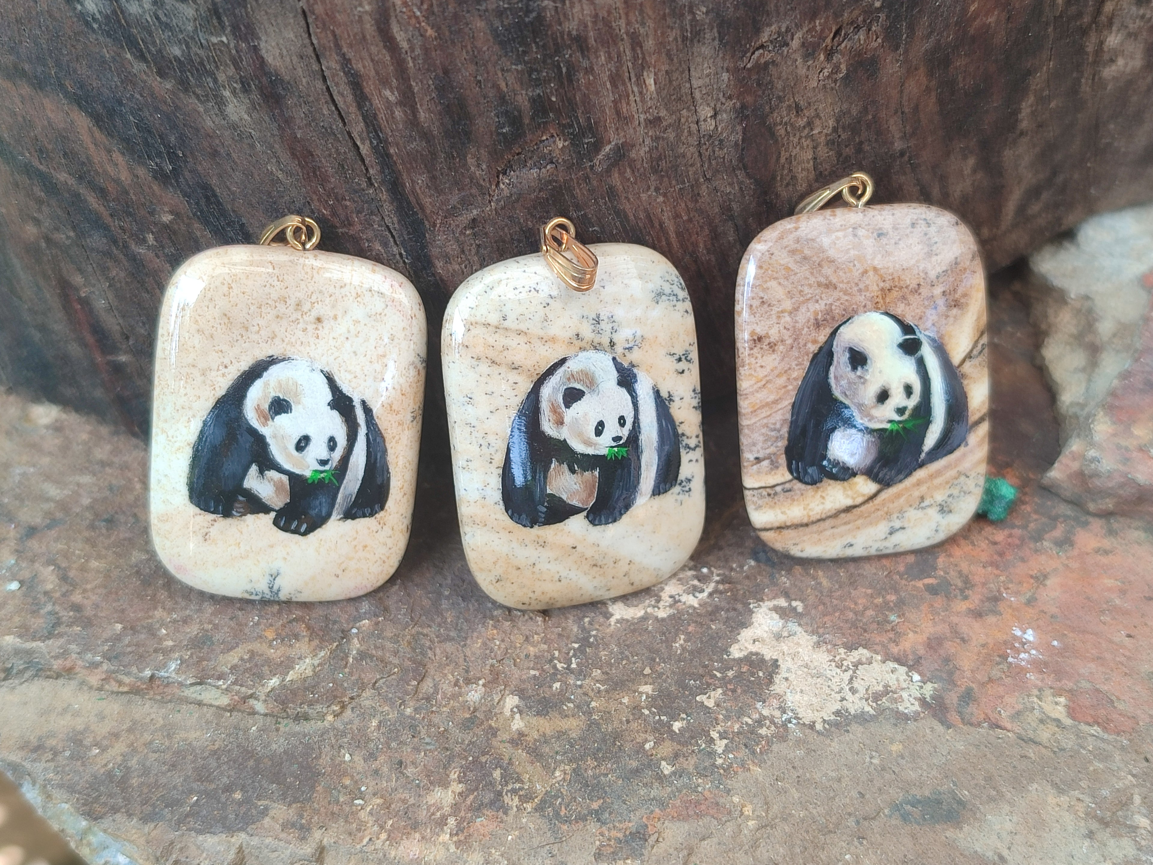 Polished Polychrome Jasper Pendant with Hand Painted Panda - sold per item - From Madagascar - Toprock Gemstones and Minerals 