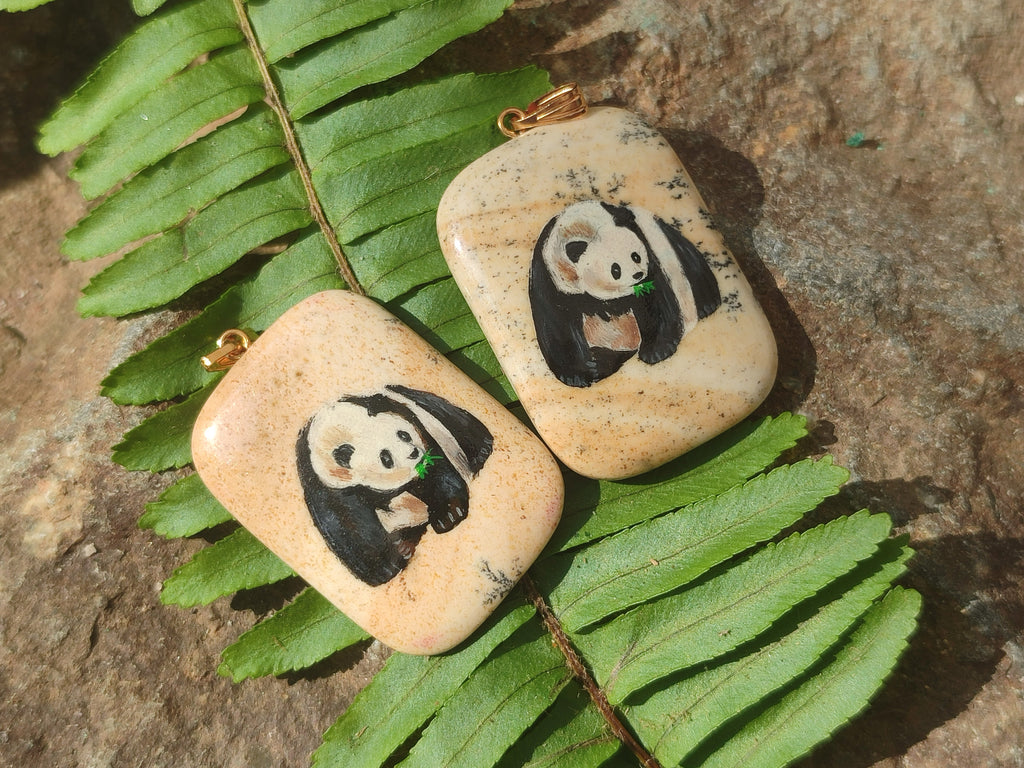 Polished Polychrome Jasper Pendant with Hand Painted Panda - sold per item - From Madagascar - Toprock Gemstones and Minerals 