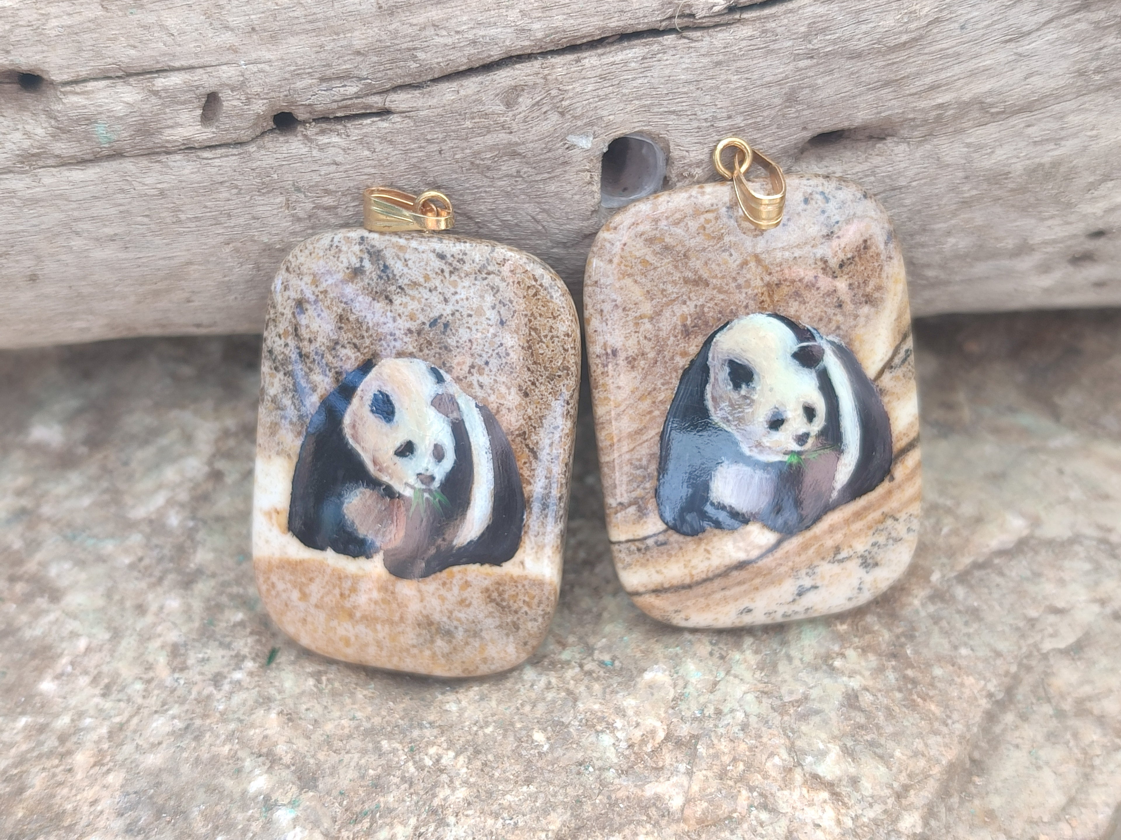 Polished Polychrome Jasper Pendant with Hand Painted Panda - sold per item - From Madagascar - Toprock Gemstones and Minerals 