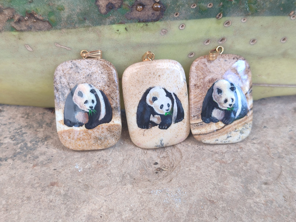 Polished Polychrome Jasper Pendant with Hand Painted Panda - sold per item - From Madagascar - Toprock Gemstones and Minerals 