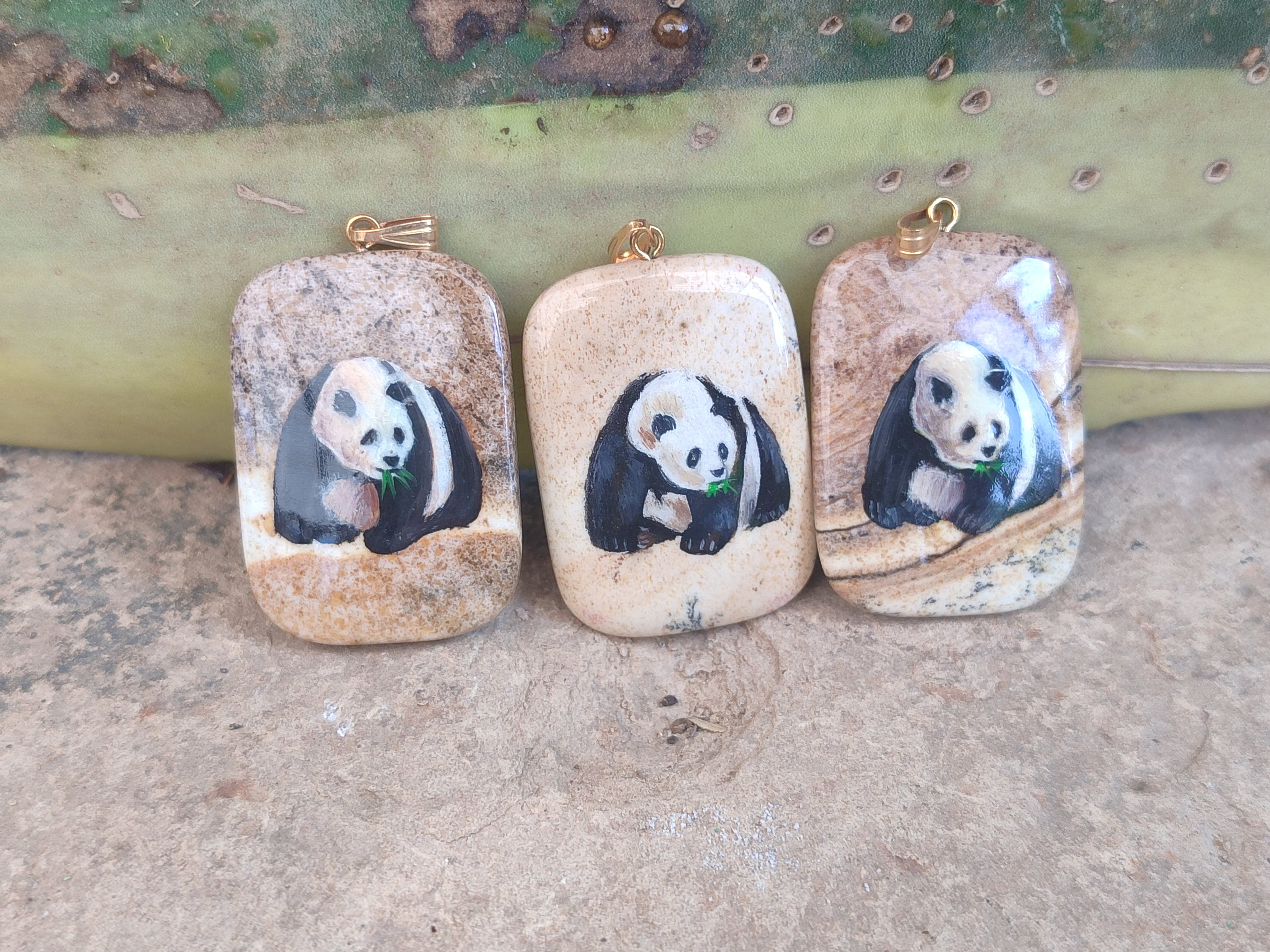 Polished Polychrome Jasper Pendant with Hand Painted Panda - sold per item - From Madagascar - Toprock Gemstones and Minerals 