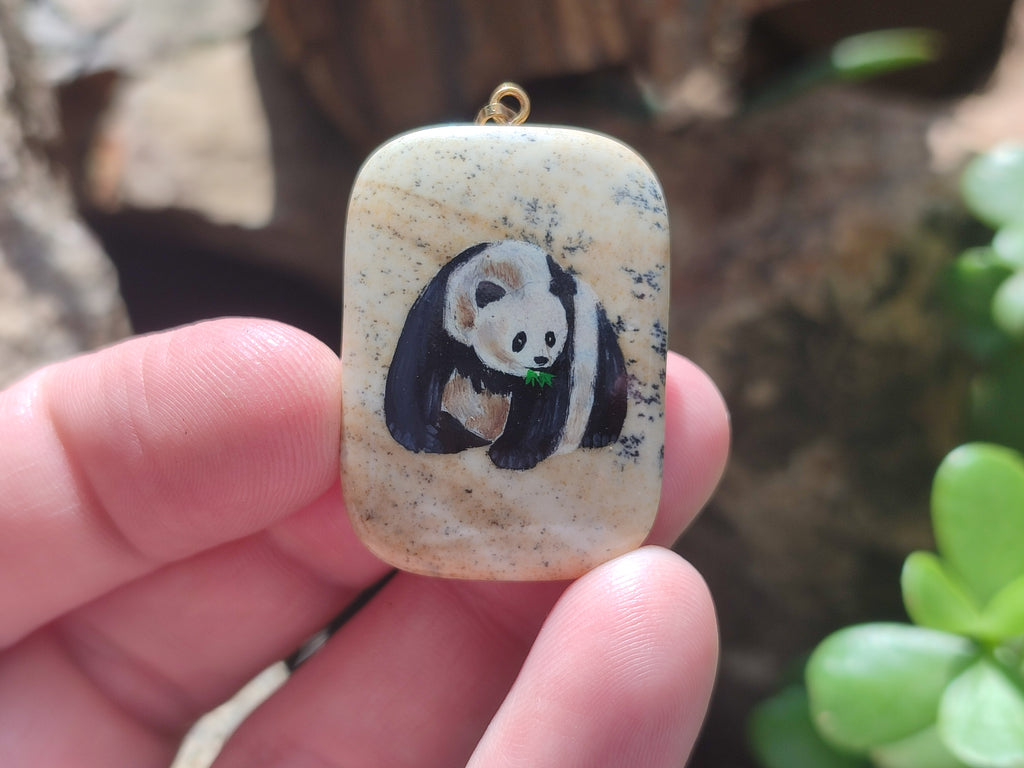 Polished Polychrome Jasper Pendant with Hand Painted Panda - sold per item - From Madagascar - Toprock Gemstones and Minerals 