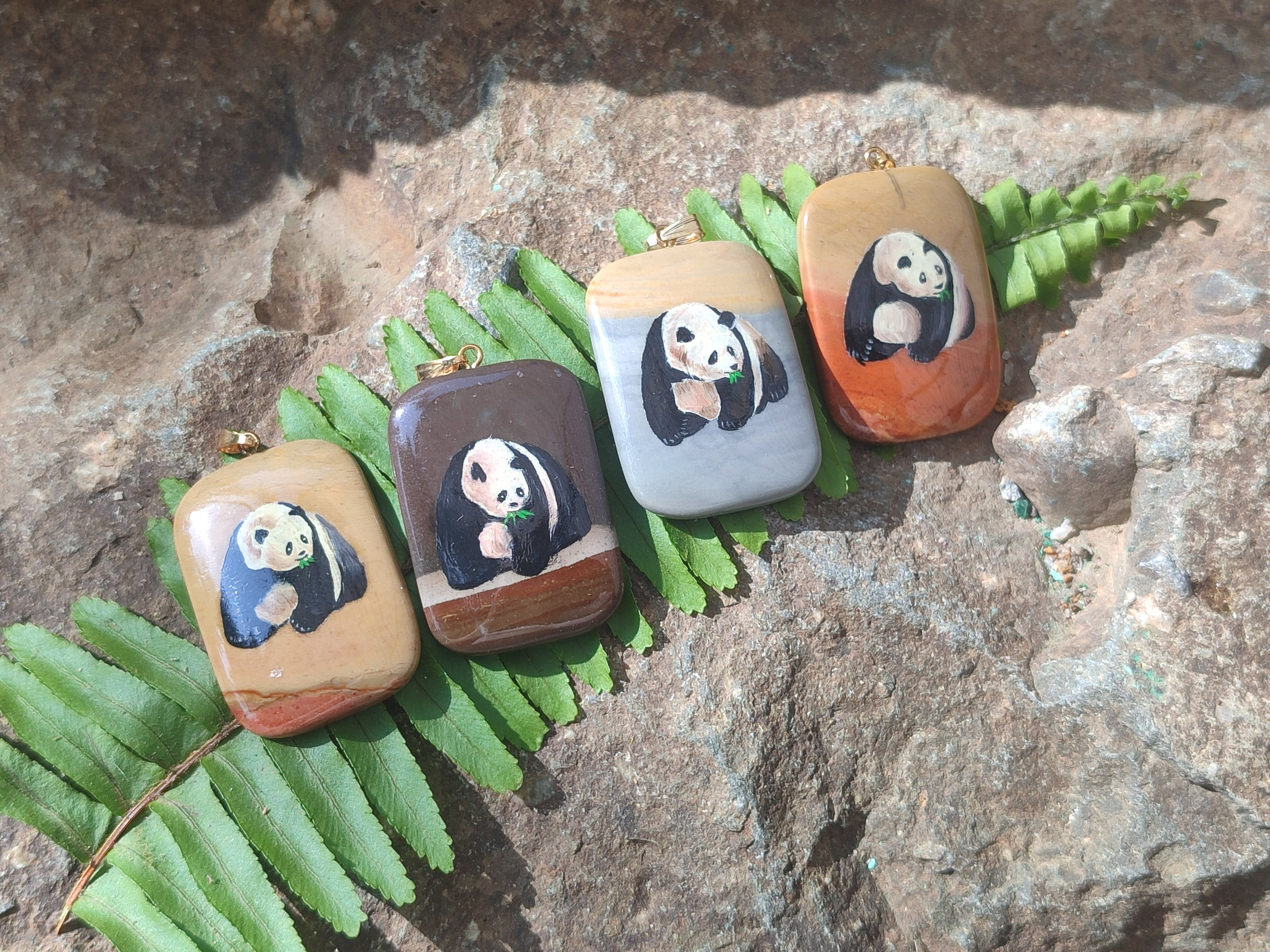 Polished Polychrome Jasper Pendant with Hand Painted Panda - sold per item - From Madagascar - Toprock Gemstones and Minerals 