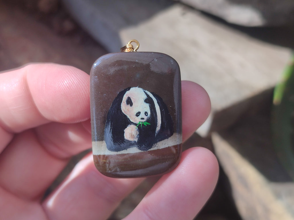 Polished Polychrome Jasper Pendant with Hand Painted Panda - sold per item - From Madagascar - Toprock Gemstones and Minerals 