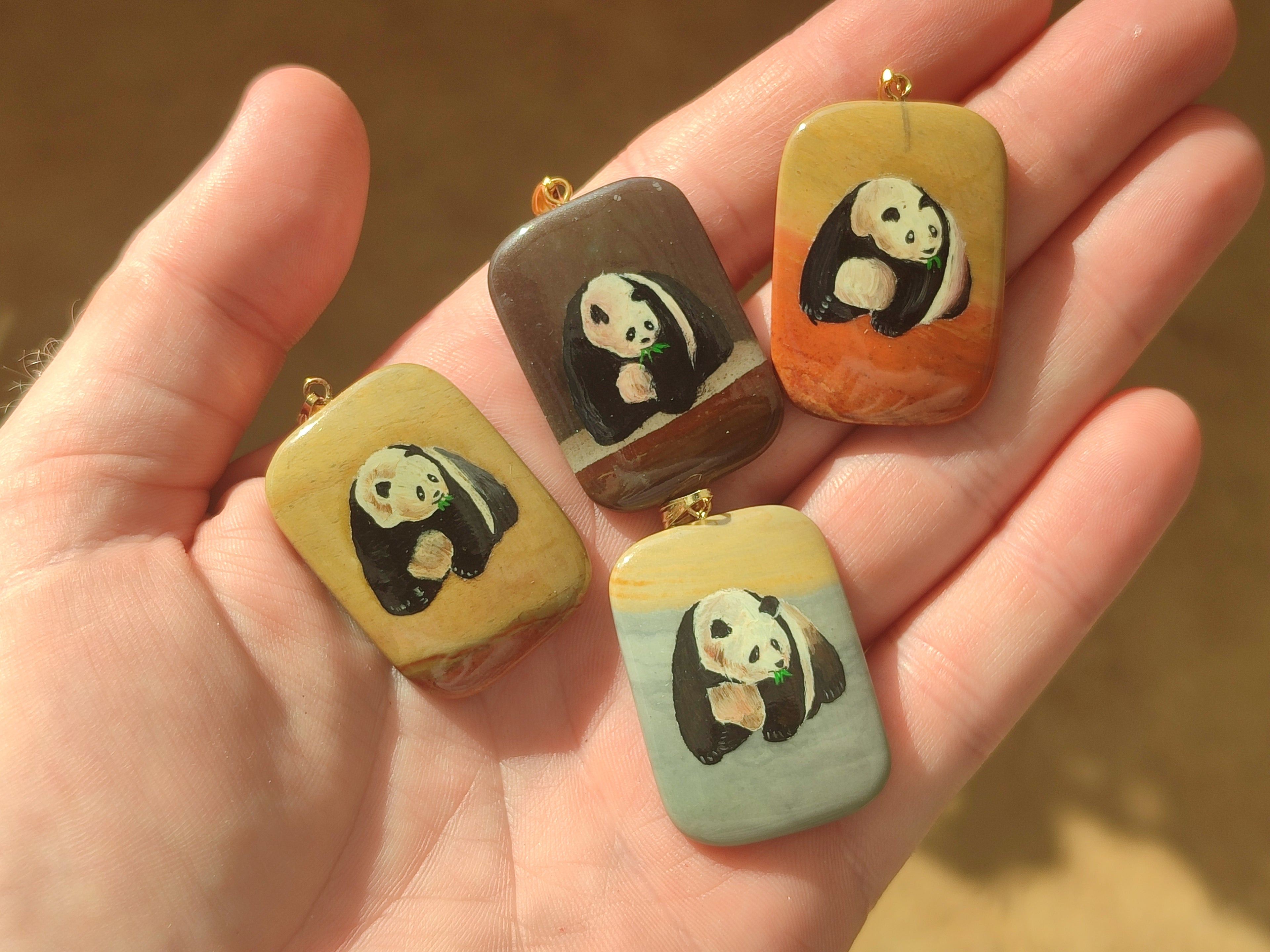 Polished Polychrome Jasper Pendant with Hand Painted Panda - sold per item - From Madagascar - Toprock Gemstones and Minerals 