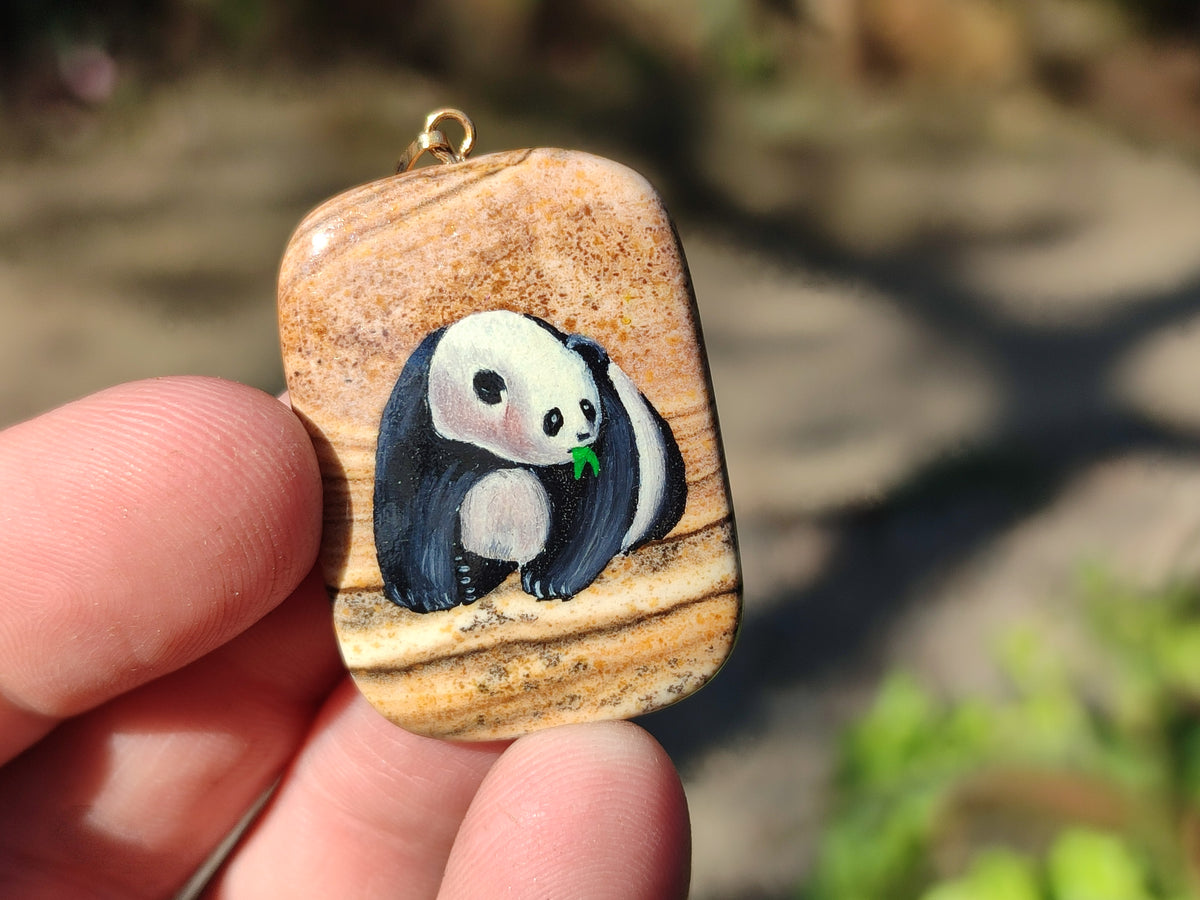 Polished Picture Stone Pendant with Hand Painted Panda- Sold Per Item - From Namibia - Toprock Gemstones and Minerals 
