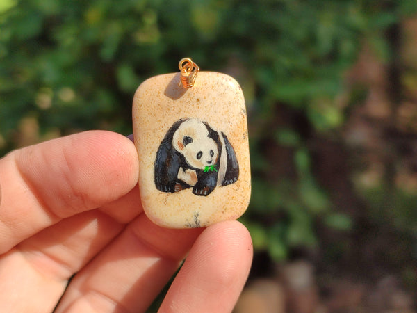 Polished Picture Stone Pendant with Hand Painted Panda- Sold Per Item - From Namibia