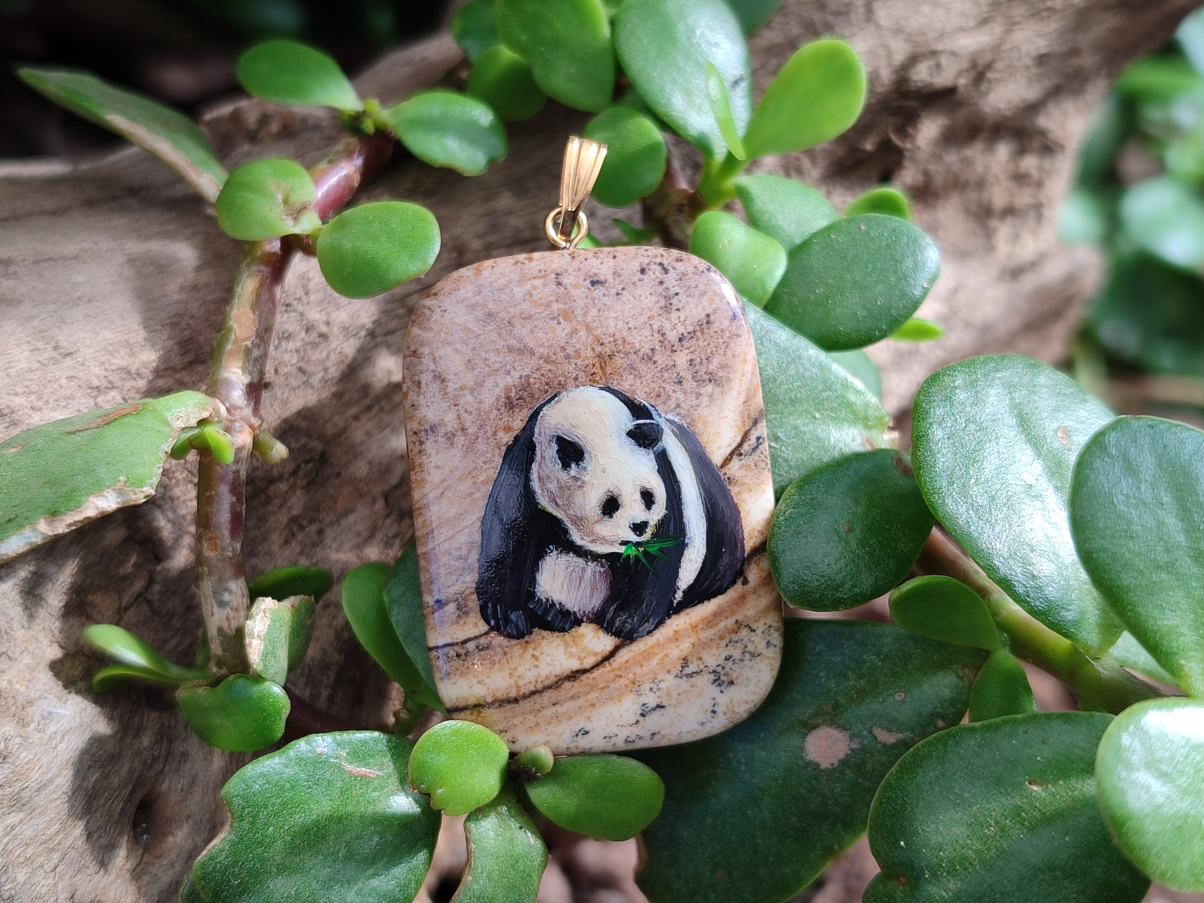 Polished Picture Stone Pendant with Hand Painted Panda- Sold Per Item - From Namibia - Toprock Gemstones and Minerals 