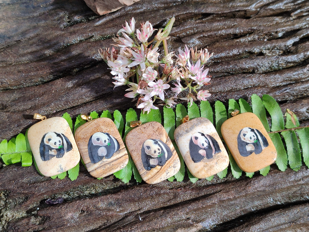 Polished Picture Stone Pendant with Hand Painted Panda- Sold Per Item - From Namibia - Toprock Gemstones and Minerals 