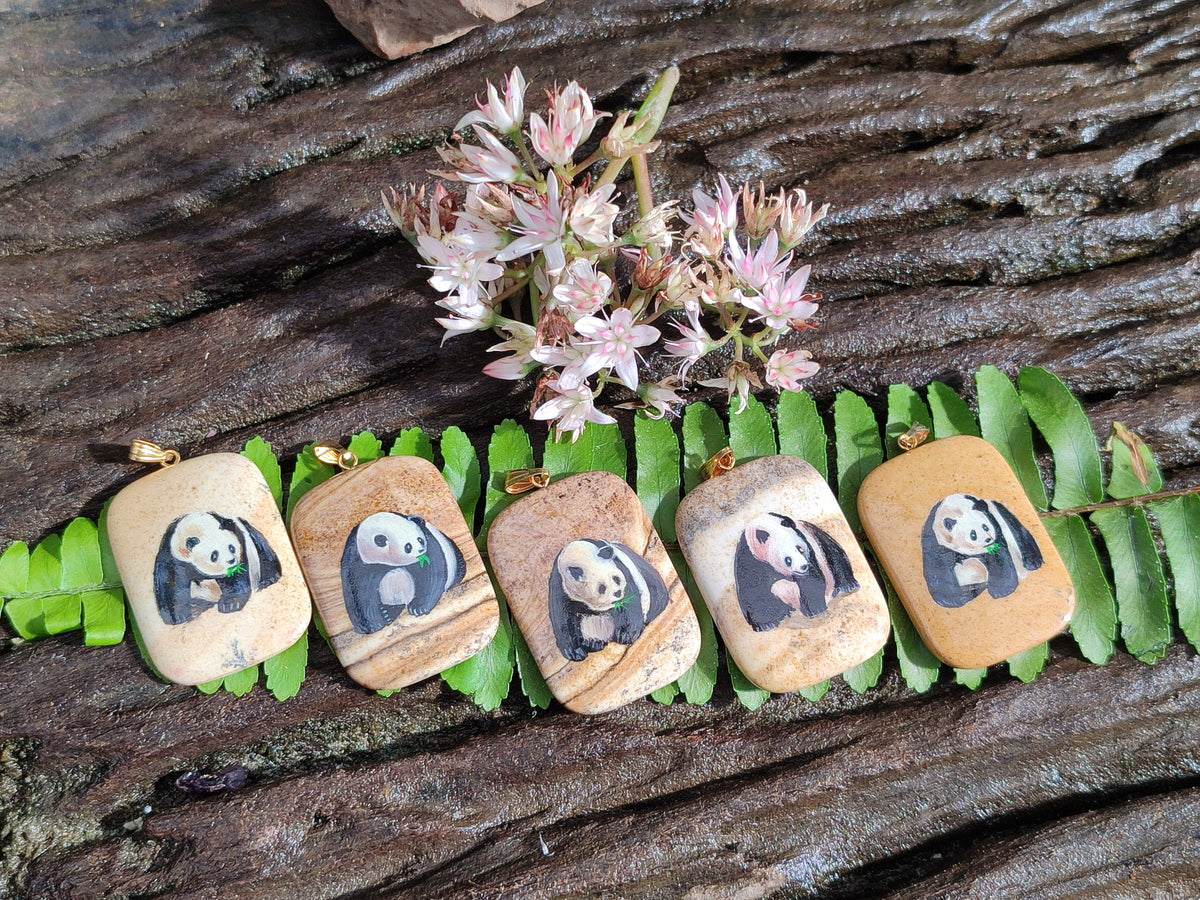 Polished Picture Stone Pendant with Hand Painted Panda- Sold Per Item - From Namibia - Toprock Gemstones and Minerals 