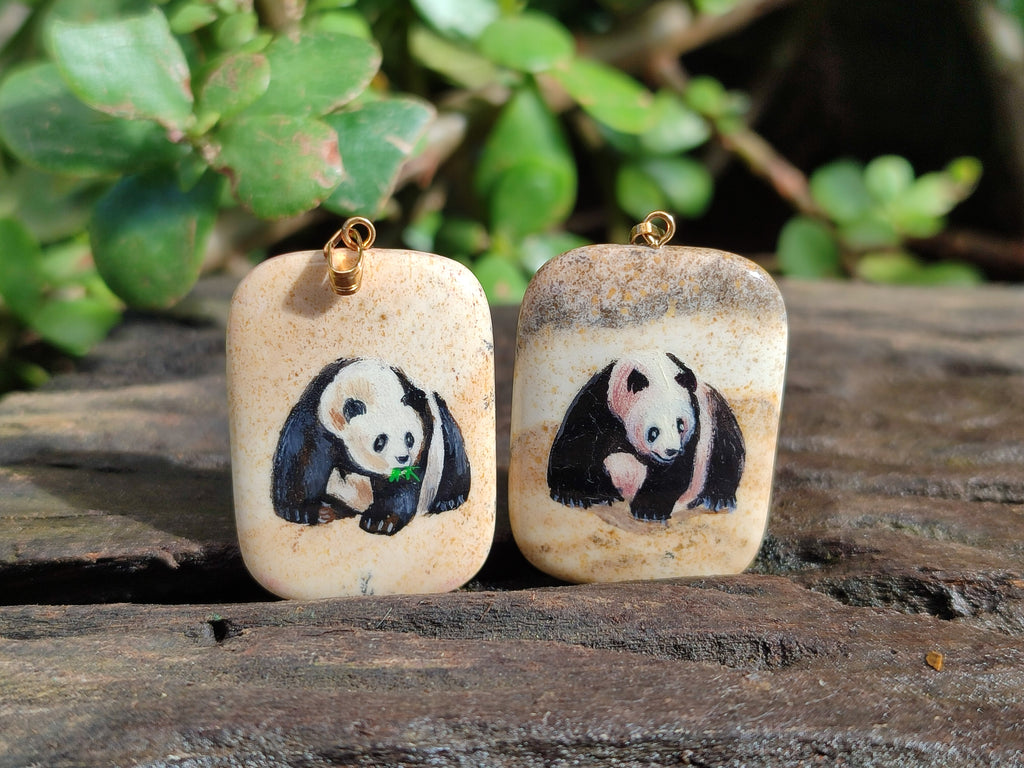 Polished Picture Stone Pendant with Hand Painted Panda- Sold Per Item - From Namibia - Toprock Gemstones and Minerals 