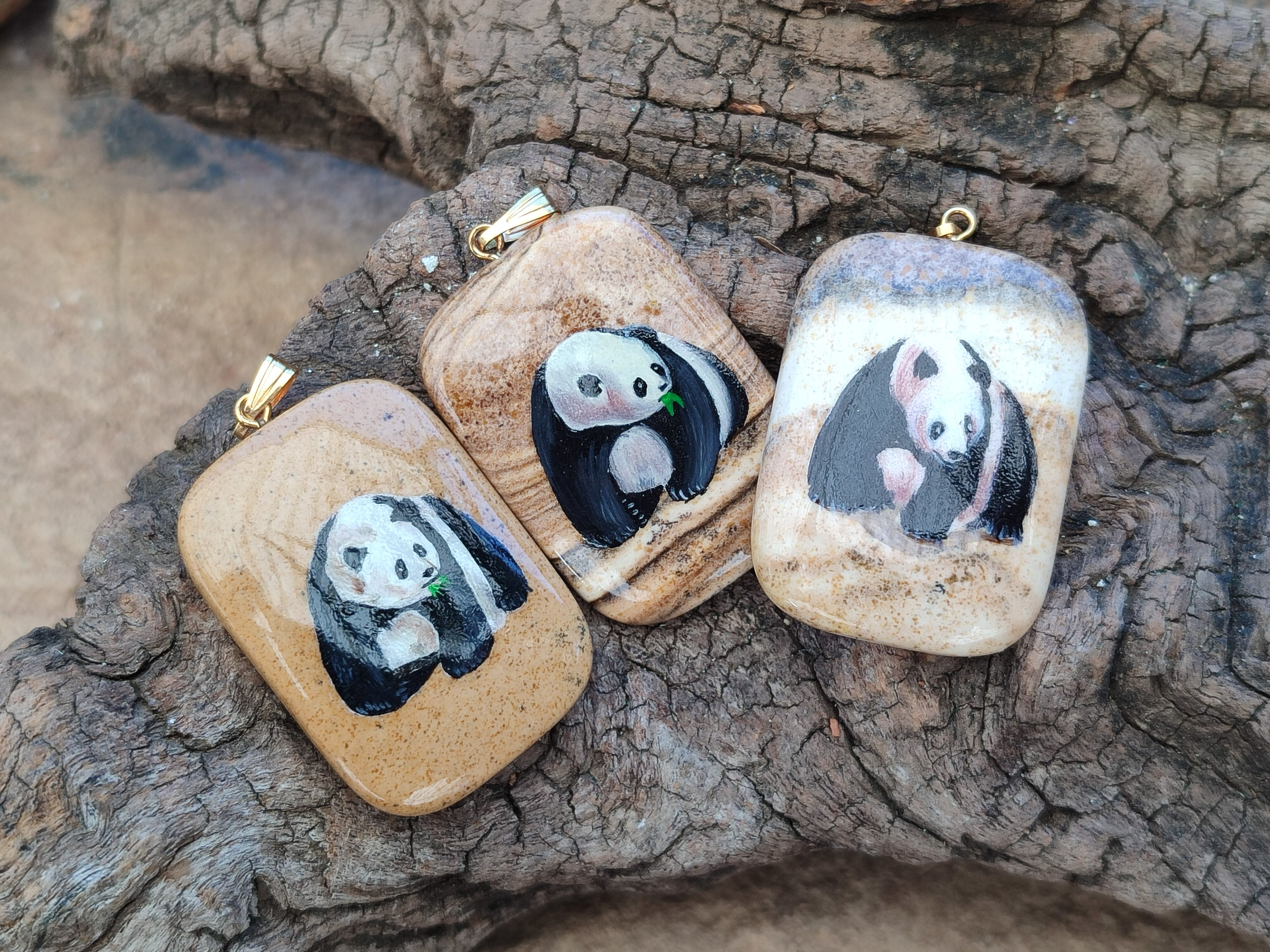 Polished Picture Stone Pendant with Hand Painted Panda- Sold Per Item - From Namibia - Toprock Gemstones and Minerals 
