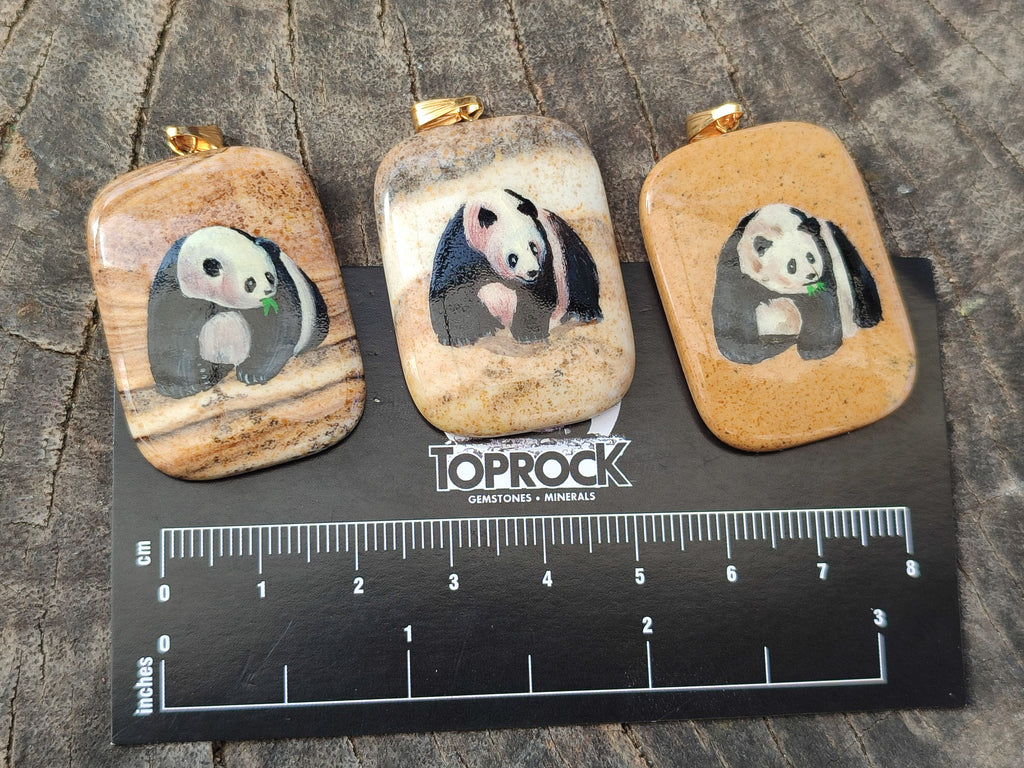 Polished Picture Stone Pendant with Hand Painted Panda- Sold Per Item - From Namibia - Toprock Gemstones and Minerals 