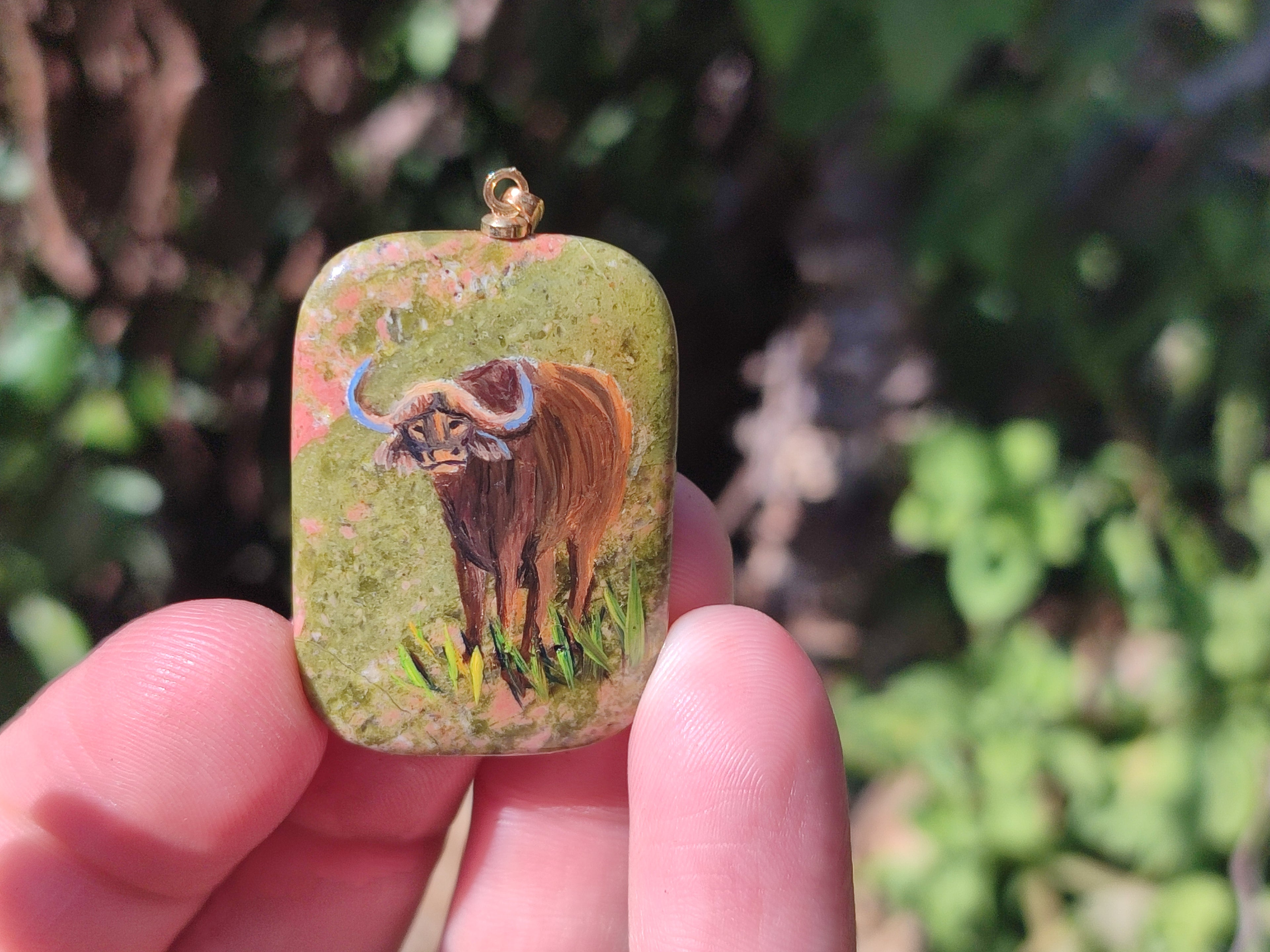 Polished Unakite Pendant with Hand Painted Buffalo - Sold Per Item - From South Africa - Toprock Gemstones and Minerals 