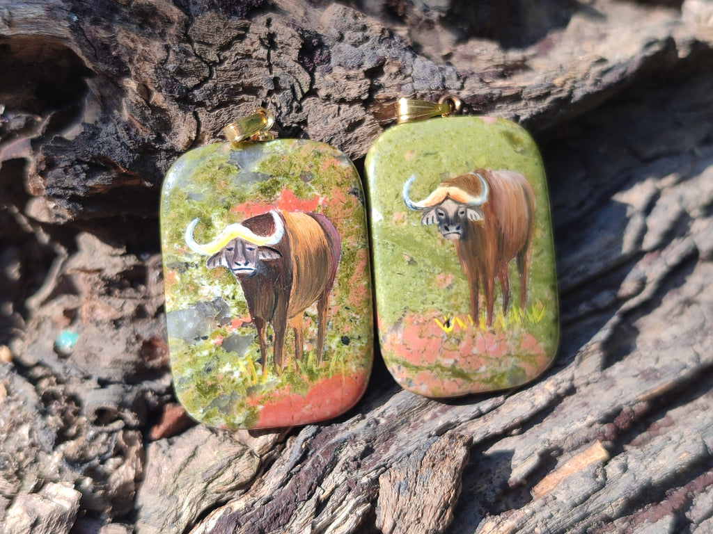 Polished Unakite Pendant with Hand Painted Buffalo - Sold Per Item - From South Africa - Toprock Gemstones and Minerals 
