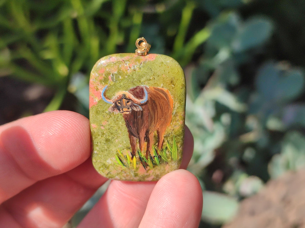 Polished Unakite Pendant with Hand Painted Buffalo - Sold Per Item - From South Africa - Toprock Gemstones and Minerals 
