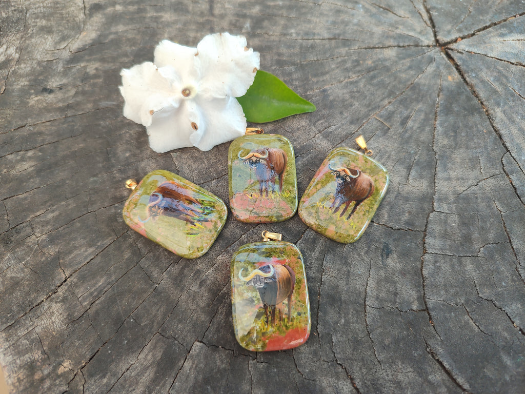Polished Unakite Pendant with Hand Painted Buffalo - Sold Per Item - From South Africa - Toprock Gemstones and Minerals 