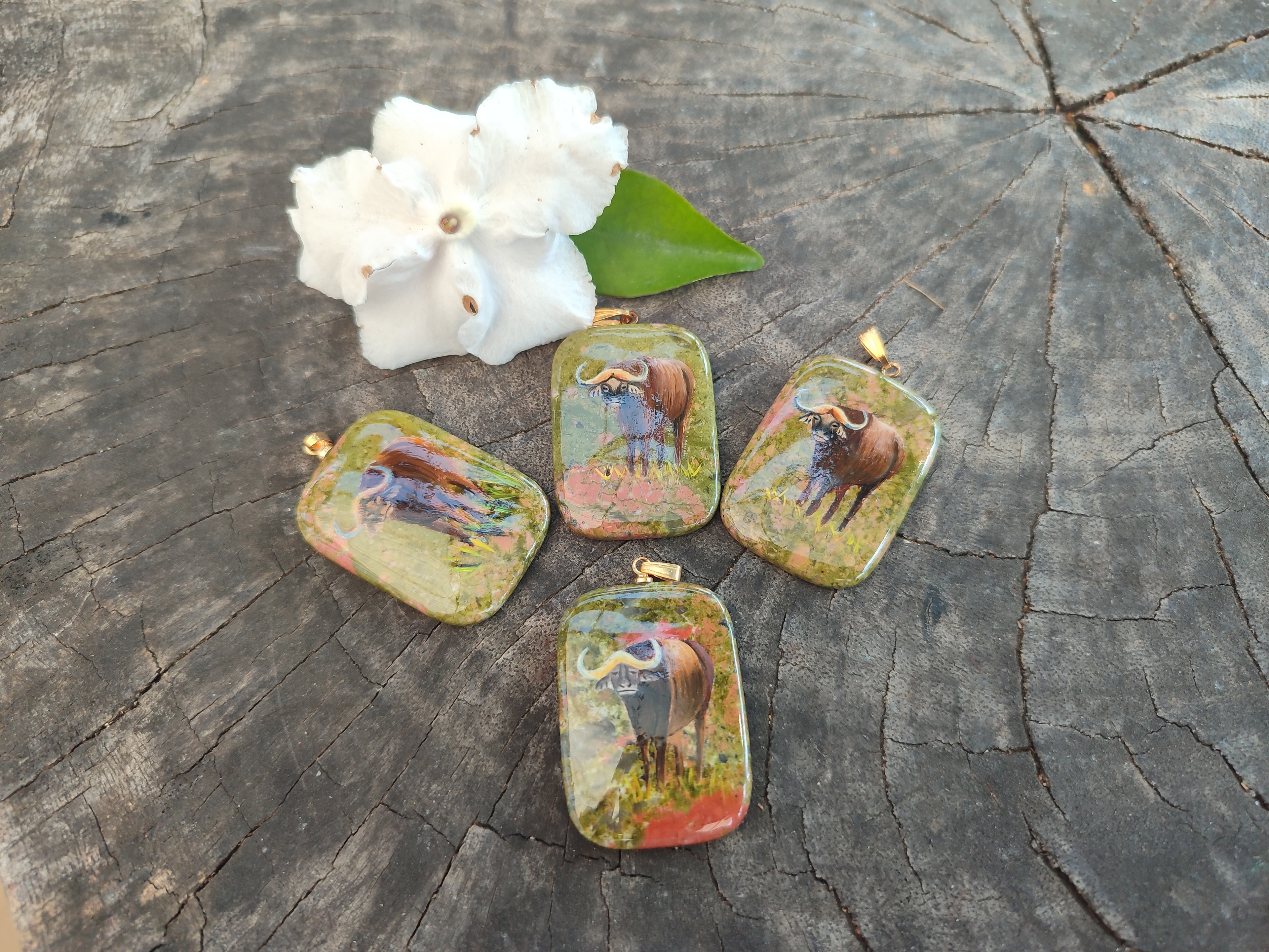 Polished Unakite Pendant with Hand Painted Buffalo - Sold Per Item - From South Africa - Toprock Gemstones and Minerals 